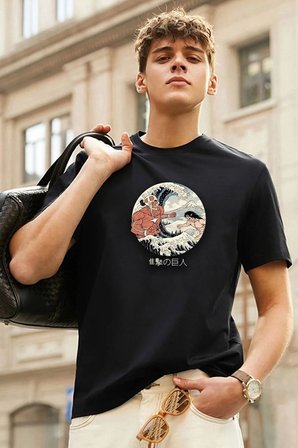 Unisex Kanagawa Oki Nami Ura Baskılı T-shirt