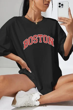 Unisex Boston Baskılı T-shirt