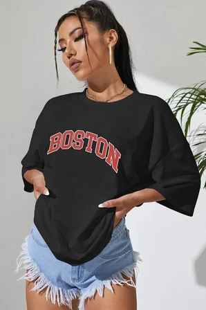 Unisex Boston Baskılı T-shirt