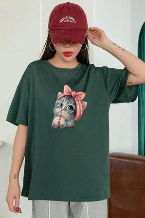 Unisex Sevimli Kedi Tasarım T-shirt