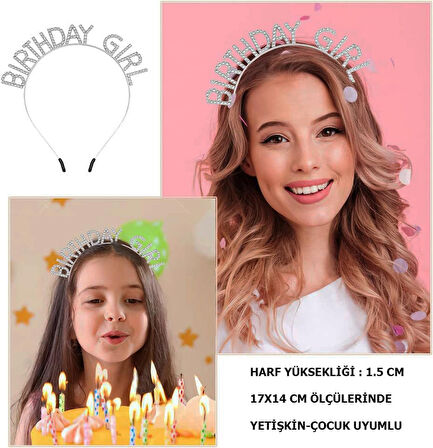 Kristal Taşlı Gümüş Birthday Girl Yazılı Doğum Günü Parti Tacı 19x11 cm