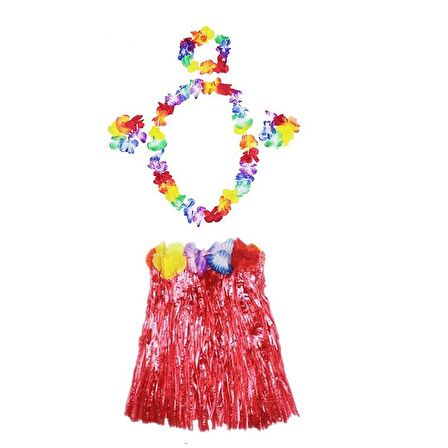 70658380 Luau Aloha Hawaii  Kolye Etek Taç ve Bileklik Seti Kırmızı