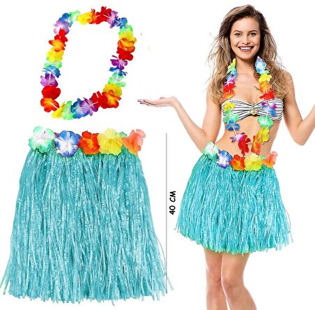 Hawaii Luau Aloha Mavi Püsküllü 40 cm Etek ve Hawaii Kolye Seti