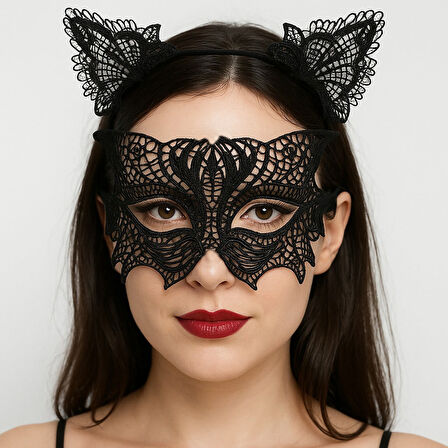 Siyah Dantel Kedi Maskesi ve Taç Seti 8 No – Şık ve Zarif Parti Aksesuarı