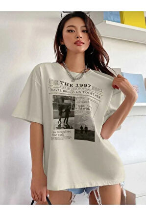 gazete baskılı oversize unisex o yaka basic t-şhirt