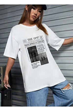 gazete baskılı oversize unisex o yaka basic t-şhirt