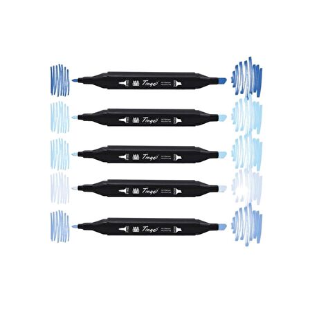 Tinge Twin Çift Uçlu Marker Kalemi 5'li Set Mavi Tonları (Blue Tonnes)