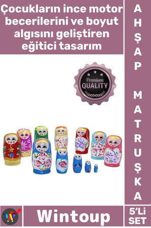 #Matruşka Özel El Boyaması Doğal Dekoratif Nostaljik Eğitici Şık Koleksiyonluk 5'li Ahşap Matruşka