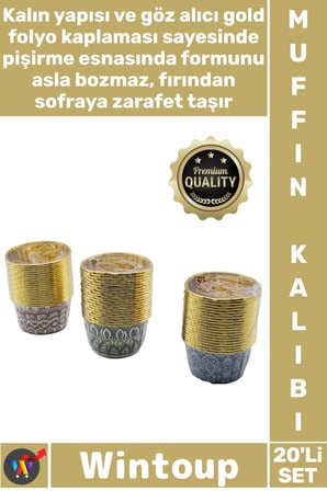 #Muffin Şık Kaliteli Dayanıklı Kalın Pişirme Sunum Kabı Kağıt Gold Folyolu 20'li Muffin Kek Kapsülü