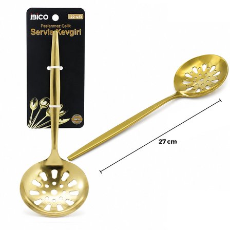 #Kevgir Lüks Paslanmaz Çelik Dayanıklı Ergonomik Tasarım Şık Parlak Gold Metal Servis Kevgiri 27 Cm