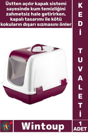 #KediTuvaleti Üstten Açılır Koku Önleyen Pratik Şeffaf Kapılı Yavru Küçük Kapalı Kedi Tuvaleti Bordo