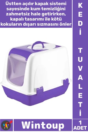 #KediTuvaleti Üstten Açılır Koku Önleyici Pratik Şeffaf Kapılı Yavru Küçük Kapalı Kedi Tuvaleti Mor