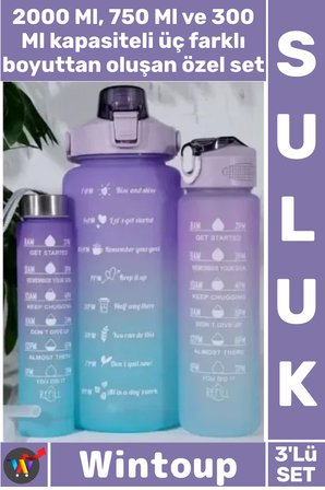 #Suluk 3 Lü Paket Tritan Sızdırmaz Pipetli Zaman Çizelgeli Su Matarası Motivasyon Suluk Seti Renkli