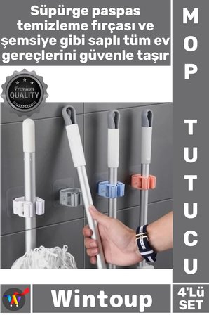 #Askı Duvar Askısı Banyo Düzenleyici Süpürge Askısı Pratik Paspas Şık Yapışkanlı Mop Tutucu 4'lü Set