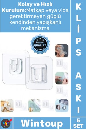 #AskıŞeffaf Yapışkanlı Çok Amaçlı Sağlam Duvar Montaj Ürün Geçmeli Klips Eşya Sabitleme Askısı 5 Set