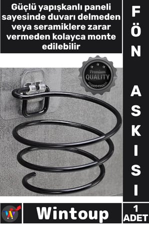 #Askı Yapışkanlı Duvar Tipi Siyah Metal Banyo Askı Organizeri Standı Şık Saç Kurutma Makinesi Tutucu