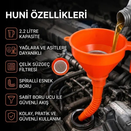 #Huni Profesyonel Yağ Aktarma Filtreli Sağlam Spiralli Sabit Borulu Çelik Süzgeçli Huni 2.2 Litre