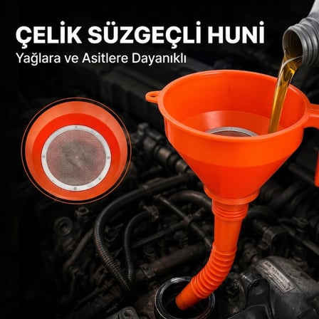 #Huni Profesyonel Yağ Aktarma Filtreli Sağlam Spiralli Sabit Borulu Çelik Süzgeçli Huni 2.2 Litre