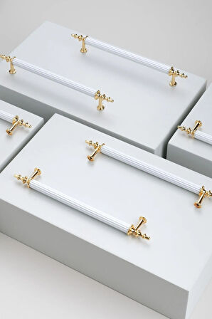 Tuana Rustik Alüminyum Metal Lüks Modern Mobilya Çekmece Mutfak Dolabı Kulpu Beyaz-Altın 224mm