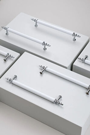 Tuana Rustik Alüminyum Metal Lüks Modern Mobilya Çekmece Mutfak Dolabı Kulpu Beyaz-Krom 128mm