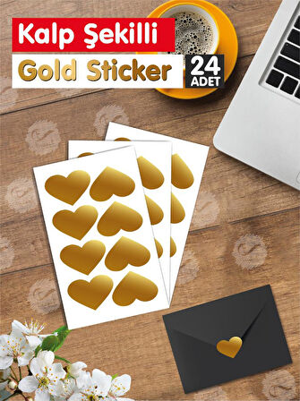 Yapışkanlı Kalp Şekilli Gold Sticker Etiket Hediye Paketleme Parti Hediyeleri 24 adet 3,5x2,5 cm-GKSE1