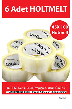 45x100 Şeffaf - (6 ADET) | HotMelt Güçlü Yapışkanlı Koli Bandı