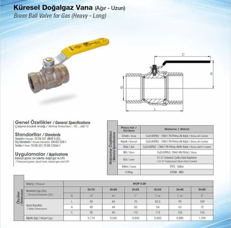 Türkoğlu Küresel Doğalgaz Vanası Standart - TS EN 331 - DN20 3/4" - 1 Adet