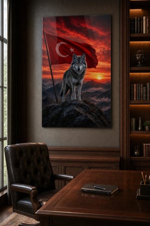 Türk Bayrağı ve Bozkurt Baskılı Cam Tablo – UV Baskı Dekoratif Duvar Tablosu
