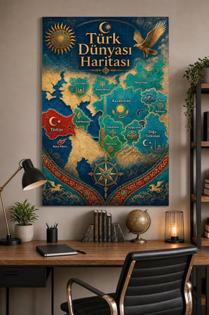 Türk Dünyası Haritası Baskılı Cam Tablo – UV Baskı Dekoratif Duvar Tablosu