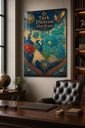 Türk Dünyası Haritası Baskılı Cam Tablo – UV Baskı Dekoratif Duvar Tablosu