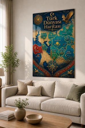 Türk Dünyası Haritası Baskılı Cam Tablo – UV Baskı Dekoratif Duvar Tablosu