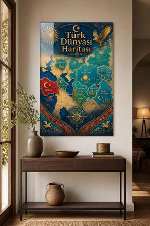 Türk Dünyası Haritası Baskılı Cam Tablo – UV Baskı Dekoratif Duvar Tablosu
