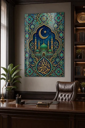 İslami Motifli Baskılı Cam Tablo – Ay Yıldızlı Cami Desenli Duvar Dekoru