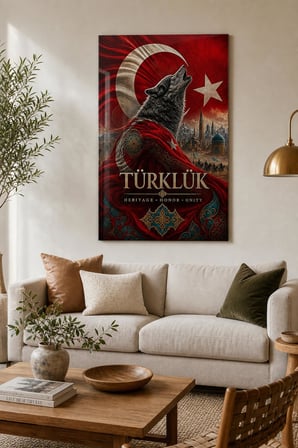 Türklük Bozkurt Temalı Baskılı Cam Tablo – Türk Bayrağı UV Baskı Duvar Dekoru