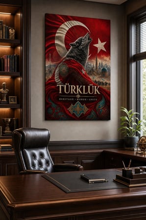 Türklük Bozkurt Temalı Baskılı Cam Tablo – Türk Bayrağı UV Baskı Duvar Dekoru