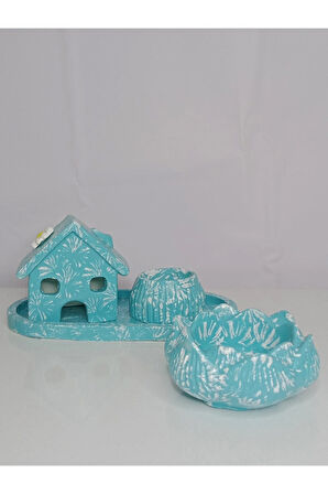 Turkuaz Dekoratif Biblo Ev Mumluk Takımı Süs Eşyası