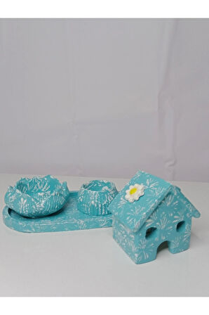 Turkuaz Dekoratif Biblo Ev Mumluk Takımı Süs Eşyası