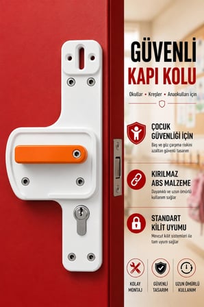 Bariyerli Kapı Kolu Beyaz Turuncu – Çocuk Güvenliği İçin Okul Kreş Anaokulu Kapı Kolu