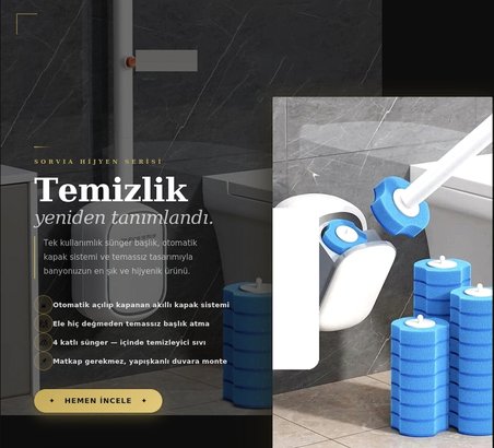 Kullan At Deterjanlı Tuvalet Fırçası Seti 6 Yedek Başlıklı Hijyenik WC Temizlik Fırçası Klozet Temizleme Fırçası