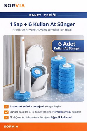 Kullan At Deterjanlı Tuvalet Fırçası Seti 6 Yedek Başlıklı Hijyenik WC Temizlik Fırçası Klozet Temizleme Fırçası
