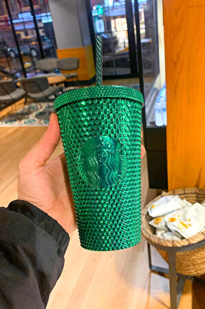 Starbucks Yeşil Parlak Işıltılı Pipetli Termos Bardak 473ml