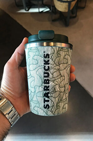 Starbucks Çizgi Desenli Yeşil-beyaz Çelik Termos 355ml