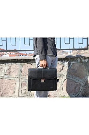 162 Model Hakiki Dana Derisi Üç Körüklü Evrak Çantası, Laptop Çantası, Ofis Çantası, Siyah