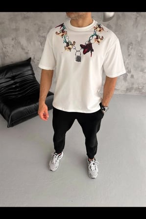 Erkek Baskılı T-Shirt Kısa Kol Bisiklet Yaka Regular Fit Tişört - Beyaz