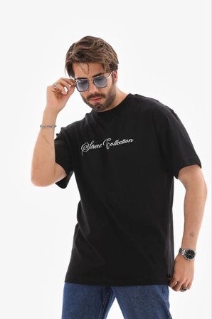 Erkek Baskılı T-Shirt Kısa Kol Bisiklet Yaka Regular Fit Tişört - Siyah
