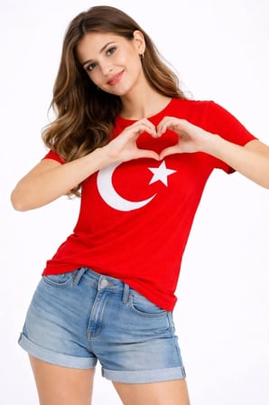 Kadın T-Shirt Kısa Kol Bisiklet Yaka Ay Yıldız Bayrak Baskılı Tişört - Kırmızı