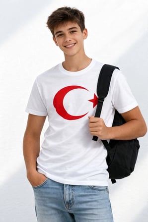 Erkek Çocuk Tişört Bisiklet Yaka Ay Yıldız Bayrak Baskılı T-Shirt - Beyaz