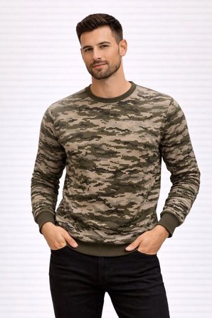 Erkek Kamuflaj Desenli  İplik  Mevsim Uzun Kollu Bisiklet Yaka Sweatshirt - Kamuflaj