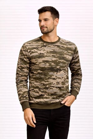 Erkek Kamuflaj Desenli  İplik  Mevsim Uzun Kollu Bisiklet Yaka Sweatshirt - Kamuflaj