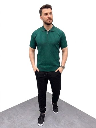 Erkek Yazlık Triko Saç Örgü Tişört Kısa Kol Polo Yaka Fermuarlı T-Shirt - Haki
